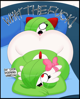 accessory big_breasts big_butt bow_ribbon breasts bubble_butt butt curvy_figure dialogue duo eyelashes female female/female female_on_bottom female_on_top green_body green_hair green_scales hair hair_accessory hair_bow hair_over_eye hair_ribbon huge_breasts huge_butt huge_hips huge_thighs motion_lines multicolored_body multicolored_scales on_bottom on_top open_mouth open_smile profanity red_eyes ribbons scales short_hair smile text thick_thighs two_tone_body two_tone_scales voluptuous voluptuous_female voluptuous_humanoid white_body white_skin wide_hipped_female wide_hipped_humanoid wide_hips 3barts nintendo pokemon mary_(3barts) vanessa_(3barts) gardevoir generation_3_pokemon humanoid kirlia pokemon_(species) 2025 absurd_res english_text hi_res