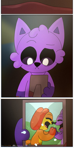 anthro black_eyes blood blood_on_hand bodily_fluids crying ears_up frown fur male orange_body orange_fur photo picture_frame pupils purple_body purple_fur reflection sad solo tears white_pupils tinky mob_entertainment poppy_playtime smiling_critters catnap_(poppy_playtime) dogday_(poppy_playtime) canid canine canis domestic_cat domestic_dog felid feline felis mammal absurd_res comic hi_res