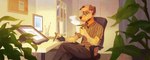 5_fingers anthro button_ears clothed clothing computer detailed_background electronics eyewear fingers floppy_ears fur glasses male sitting solo yellow_body yellow_fur jeniak jens_(jeniak) airedale_terrier canid canine canis domestic_dog hunting_dog mammal terrier 2020 digital_media_(artwork)