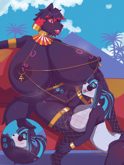 ankh anthro areola armlet big_areola big_breasts big_nipples biped black_body black_fur black_hair black_nose blue_highlights bracelet breasts clitoris clitoris_piercing clothing countershade_face countershade_fur countershade_torso countershading cunnilingus cutaway day decorative_scarab duo egyptian eyewear female female/female fishnet_clothing fishnet_legwear fishnet_topwear fur genital_piercing genitals glasses hair hand_on_head highlights_(coloring) huge_breasts humanoid_genitalia humanoid_vulva hyper hyper_breasts jewelry kalasiris legwear mostly_nude navel nipples open_mouth oral outside piercing ponytail pyramid red_highlights round_glasses sex teeth tongue topwear vaginal vulva white_body white_countershading white_fur bluepanda1 hoki_(joseluisgm) bear canid canine canis giant_panda mammal wolf 2025 3:4 hi_res