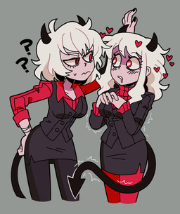 bodily_fluids bottomwear clothing drooling duo eye_contact female grey_background heart_symbol horn looking_at_another not_furry pants question_mark red_eyes saliva simple_background skirt suit catfatigue helltaker malina_(helltaker) modeus_(helltaker) demon humanoid 2020 absurd_res hi_res
