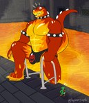 abs anthro armband biceps bowser_logo bowser_logo_thong bowser_logo_underwear bracelet bulge castle clothed clothing collar detailed_bulge duo fire glistening glistening_body goo-connected_lips jewelry jockstrap lava lava_bath lava_pool macro male male/male muscular muscular_anthro muscular_male nipples non-mammal_nipples open_mouth pecs poolside shell size_difference smile smoke sparks spiked_armband spikes studded_bracelet studded_collar studded_jewelry studs swimming_pool swimwear tail teeth thong underwear sophymn mario_bros mythology nintendo super_mario_world blargg dragon elemental_creature fire_creature goo_creature green_yoshi lava_creature mineral_fauna mythological_creature mythological_scalie reptile scalie yoshi 2022 digital_media_(artwork) hi_res shaded signature