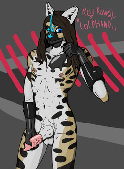 animal_genitalia animal_penis anthro balls big_ears blue_eyes brown_hair brown_spots canine_genitalia canine_penis cybernetic_arm cybernetic_eye cybernetic_face cybernetic_limb cybernetics dark_spots feline_genitalia feline_penis fur genitals hair knot_in_sheath long_hair machine male nipples pecs penile_spines penis prosthetic prosthetic_arm prosthetic_limb pubes ribs sheath simple_background slim solo spots tan_body tan_fur white_body white_fur rojblue felid feline mammal serval absurd_res cel_shading hi_res shaded