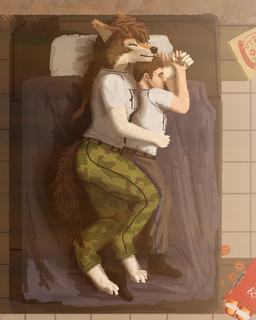 anthro bed bottomwear brown_body brown_fur brown_hair camo camo_bottomwear camo_clothing camo_pants camo_print clothing cuddling digitigrade duo female female_anthro fur furniture hair hand_holding larger_anthro larger_female lying male male/female male_human on_side pants pattern_bottomwear pattern_clothing pattern_pants ponytail shirt size_difference smaller_human smaller_male spooning tail topwear jayk_and resonant_evolution canid canine canis human mammal wolf 2025 4:5 absurd_res digital_media_(artwork) hi_res