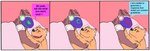abstract_background anthro bed blush blush_lines dialogue duo fluffy furniture hand_behind_head head_tuft humor inner_ear_fluff machine male male/male open_mouth protogen_face protogen_visor simple_eyes speech_bubble teeth tongue toony tuft chadzadd canid canine mammal protogen absurd_res comic flat_colors hi_res signature