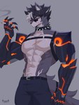 abs anthro belt black_hair bottomwear chain chain_collar chest_harness chest_scar choker cigarette clothed clothing collar countershading ear_piercing ear_tuft eyewear facial_hair facial_scar fluffy fluffy_tail glowing glowing_arms grey_body hair hair_over_eye harness highlights_(coloring) holding_cigarette holding_object jewelry logo male male_anthro multicolored_body muscular muscular_anthro muscular_male neck_tuft necklace orange_eyes pants pecs piercing prosthetic prosthetic_arm prosthetic_limb scar serious serious_face shirtless shirtless_anthro shirtless_male smoke solo spiked_collar spikes stubble sunglasses tail text topless tuft two_tone_body white_highlights klaus_bloodstein logan_(klaus_bloodstein) canid canine canis coyote mammal 2025 3:4 absurd_res artist_logo artist_name digital_media_(artwork) hi_res