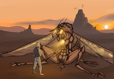 2_toes 3_fingers 4_arms abs ambiguous_gender antennae_(anatomy) arms_out arthropod_abdomen bioluminescence brown_body brown_fur clothing digitigrade duo exoskeleton feet fingers fur fuzzy glowing glowing_eyes insect_wings male mandibles multi_arm multi_eye multi_limb nude outside segmented_body standing sun sunset toes torn_clothing wings yellow_eyes inteko arthropod human mammal female_(lore)
