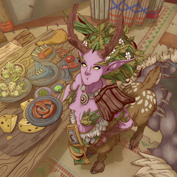 antlers brown_body brown_fur candle cheese cloven_hooves collar dairy_products drum female food freckles fur furniture hooves horn markings meat musical_instrument percussion_instrument plant plate purple_body purple_skin rug sausage scut_tail short_tail solo spots spotted_body spotted_fur table tail vegetable wooden_antlers zuckergelee blizzard_entertainment heroes_of_the_storm warcraft lunara_(warcraft) deer deer_taur mammal mammal_taur taur 1:1 2026 absurd_res hi_res