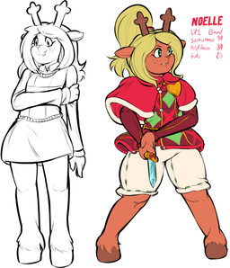 3_fingers accessory action_pose alternate_costume alternate_hairstyle anthro antlers bard biped blonde_hair bottomwear breasts brown_body brown_fur brown_hooves brown_horn brown_nose cape clothed clothing dagger ears_back eyelashes feathering female fingers flustered freckles front_view frown fully_clothed fur hair hair_accessory hair_tie holding_arm holding_object holding_weapon hooves horn humanoid_hands knock-kneed looking_aside looking_away looking_down melee_weapon multiple_poses pivoted_ears pose shorts shy simple_background skirt small_breasts smile solo standing stats sweater text topwear weapon white_background registered111 deltarune undertale_(series) noelle_holiday deer mammal new_world_deer reindeer 2018 black_and_white character_name digital_drawing_(artwork) digital_media_(artwork) english_text full-length_portrait hi_res monochrome portrait