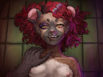 anthro blood blood_on_mouth bodily_fluids breasts bruised bruised_eye curly_hair dominant duo exposed_breasts female first_person_view floor hair hand_on_shoulder larger_dom neon_lights nosebleed nude piercing pink_hair ryona scratches scratching size_difference smile smiling_at_viewer smug_face tile tile_floor veiny_hands wounded yellow_eyes nisawei meghan_(meghanthesloot) hyena mammal digital_media_(artwork) digital_painting_(artwork) painting_(artwork)