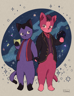 3_toes anthro blue_body blue_fur bottomless clothed clothing duo ears_up eye_contact featureless_crotch feet front_view fur hair hand_holding holding_object holding_paper looking_at_another male no_eyebrows pantsless pantsless_anthro pantsless_male paper pink_body pink_fur standing tail toes topwear topwear_only whiskers oama_000 night_on_the_galactic_railroad campanella giovanni_(notgr) domestic_cat felid feline felis mammal 2026 digital_media_(artwork) hi_res signature
