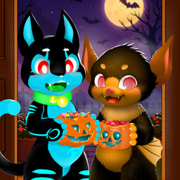 anthro belly black_body blue_body candy dessert door duo food fruit gesture glowing glowing_body green_laces green_tongue happy holidays machine male moon plant pumpkin pumpkin_pail red_eyes simple_background smile smiling_at_viewer solo striped_body stripes text tongue trick-or-treating white_nose fairycatcreation halloween iking nile_(munchqit) bat domestic_cat felid feline felis mammal monster munchqit robot 1:1 absurd_res baybayin_text hi_res huge_filesize