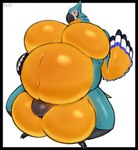 anthro balls belly big_balls big_belly big_moobs big_penis blue_body blue_feathers blush feathers genitals gesture hand_on_belly male moobs navel obese obese_male outie_navel overweight overweight_male penis slightly_chubby slightly_chubby_male solo waving wide_stance yellow_belly fuzzychicken breath_of_the_wild nintendo the_legend_of_zelda kass_(tloz) avian rito hi_res