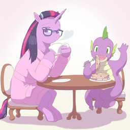 bathrobe clothing container cup cutlery duo female feral food fork furniture horn kitchen_utensils male male/female pancake robe scales simple_background table tea_cup tools universal_heart friendship_is_magic hasbro my_little_pony mythology spike_(mlp) twilight_sparkle_(mlp) equid equine mammal mythological_creature mythological_equine unicorn 1:1 hi_res