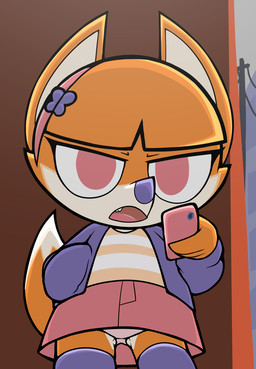 accessory anthro bottomwear cellphone clothed clothing dipstick_tail electronics female headband holding_cellphone holding_object holding_phone jacket legwear looking_at_viewer markings panties phone pink_bottomwear pink_clothing pink_eyes pink_skirt purple_clothing purple_jacket purple_legwear purple_stockings purple_topwear skirt solo stockings tail tail_markings topwear underwear upskirt young young_anthro young_female vulapa murphy_and_mitzi vivian_(ajmarekart) canid canine fox mammal hi_res