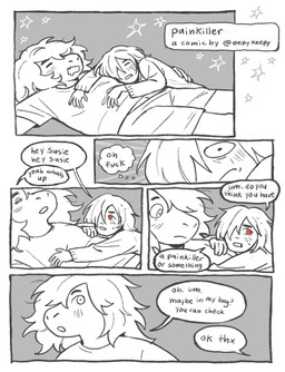 ambiguous_gender ambiguous_human anthro blush blush_lines bodily_fluids clothed clothed_ambiguous clothed_anthro clothed_female clothed_human clothing cute_fangs dialogue drooling duo eyes_closed fangs female female/ambiguous grey_background inner_monologue looking_at_another lying nervous on_back on_front profanity question_mark red_eyes saliva simple_background sleeping speech_bubble sweat sweatdrop talking_to_another teeth text thinking thought_bubble eepykeepy deltarune undertale_(series) kris_dreemurr susie_(deltarune) human mammal reptile scalie 2025 comic digital_drawing_(artwork) digital_media_(artwork) english_text hi_res monochrome signature