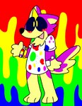 1_horn 3_toes 4_fingers abstract_background ambiguous_gender anthro big_eyes black_eyes black_nose bracelet bright_colors clothed clothing crying_blood dotted_shirt feet fingers fur horn jewelry multicolored_body multicolored_fur open_mouth open_smile pink_tongue pupils purple_body purple_fur shirt smile snout solo sparklefur standing tail tan_body tan_fur three-quarter_view toes tongue topwear two_tone_body two_tone_fur white_clothing white_shirt white_topwear yellow_horn yellow_pupils crispycreamxd mythology sparklecare uni_cornelius alaskan_malamute anthry_(sparklecare) canid canine canis domestic_dog equid equine hybrid mammal mythological_creature mythological_equine nordic_sled_dog spitz unicorn 2024 digital_media_(artwork) flat_colors full-length_portrait hi_res portrait