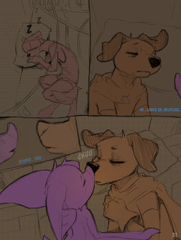 ambiguous_gender anthro bed big_ears blue_text cable cloak clothed clothing comic_panel dialogue duo electronics eyes_closed furniture headgear headphones headset kissing pillow purple_body sleeping text virtual_reality wings yellow_eyes conditional_dnp dacad tyler_(dacad) zipper_(dacad) bat canid canine domestic_ferret mammal mustelid musteline true_musteline weasel comic hi_res restricted_palette