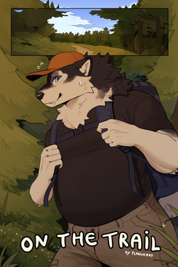 anthro cooper_(plaguerat) exhibitionism forest male male/male outside plant slightly_chubby solo trail tree plaguerat alaskan_malamute canid canine canis domestic_dog mammal nordic_sled_dog spitz absurd_res comic hi_res