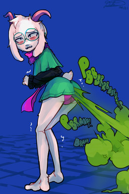2_horns adolescent anthro barefoot biped black_clothing black_eyebrows black_eyes black_sweater black_topwear blue_background blush bodily_fluids bulge butt clothed clothed_anthro clothed_male clothing crossdressing curved_horn eyebrows eyewear fart fart_cloud fart_fetish feet femboy fingers flesh_fang floppy_ears fur furgonomics glasses green_clothing green_eyewear green_fart_cloud green_glasses green_robe green_text horn knock-kneed long_sleeves male male_anthro male_farting onomatopoeia open_mouth panties pink_tongue plantigrade purple_clothing purple_horn purple_panties purple_scarf purple_underwear robe round_glasses scarf scut_tail shaking short_tail simple_background snout solo sound_effects standing sweat sweater sweaty_face tail text tongue topwear trembling underwear white_body white_ears white_fur white_tail young young_anthro young_male usagaijin deltarune undertale_(series) ralsei bovid caprine mammal 2021 absurd_res dated hi_res signature