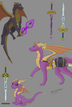 bag chibi feral glowing horn melee_weapon purple_body purple_eyes simple_background solo sword tail weapon wings apollyondragon activision mythology spyro_the_dragon dark_spyro spyro dragon mythological_creature mythological_scalie scalie digital_drawing_(artwork) digital_media_(artwork) hi_res signature