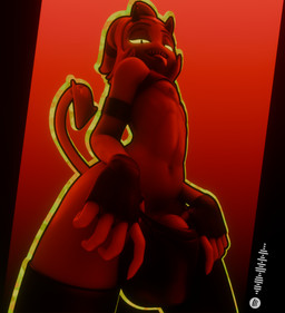 clothed clothing curvy_figure femboy gloves glowing glowing_eyes handwear leather leather_clothing leather_thong leather_underwear leggings legwear looking_at_viewer looking_down looking_down_at_viewer low-angle_view male nipples partially_clothed red_body red_skin simple_background solo standing tail teasing teasing_viewer thigh_highs thong tongue tongue_out underwear underwear_down yellow_eyes king_crook valorlynz_(modeler) hellaverse helluva_boss moxxie_(helluva_boss) demon humanoid imp 3d_(artwork) digital_media_(artwork) hi_res