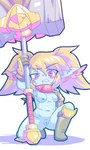 big_ears blonde_hair blue_body blue_nipples blush breasts clothing female genitals gloves hair hammer handwear maul medium_breasts melee_weapon nipples purple_eyes pussy solo tools weapon omizo_omizo league_of_legends riot_games tencent poppy_(lol) yordle 3:5 hi_res