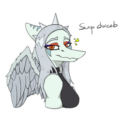 amber_eyes anthro biped black_clothing black_topwear blue_body bone bone_frill breasts choker clothed clothed_anthro clothed_female clothing dialogue eyelashes feathered_wings feathers female frill_(anatomy) grey_body grey_feathers grey_hair hair half-closed_eyes head_turned jewelry long_eyelashes long_hair looking_at_viewer markings medium_breasts narrowed_eyes necklace non-mammal_breasts o-ring side_view simple_background skull solo striped_markings stripes talking_to_viewer text topwear white_background wings lorikani cavemanon_studios goodbye_volcano_high ko_op_(game_developer) snoot_game fang_(gvh) prehistoric_species pterosaur reptile scalie 1:1 bust_portrait colored english_text portrait