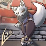 anthro bandage bandaged_leg brick_wall brown_eyes canid canine claws clothed clothing dreamworks female fox fully_clothed fur grey_body grey_fur hi_res kung_fu_panda la_luxo mammal outside paws poster solo toe_claws wall_(structure) watermark zhen_(kung_fu_panda)