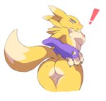 anthro black_sclera blue_eyes breasts butt exclamation_point female mostly_nude nipples rear_view simple_background solo white_background heiyuu bandai_namco digimon canid canine digimon_(species) mammal renamon hi_res sketch