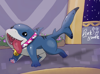 building clothing collar detailed_background feral fin flower flower_bed pawpads paws plant quadruped showing_teeth tail teeth tongue tongue_out toony walking dorknoodle aquatic fish land_shark_(species) marine_mammal shark hi_res male_(lore)