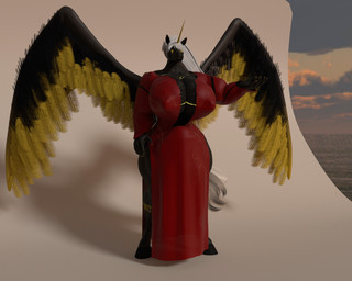 anthro big_breasts black_body black_fur breasts clothing dress fur gynomorph hair horn huge_breasts hyper intersex red_clothing red_dress solo white_hair wings yellow_eyes rifleman888 mythology olexa_vrane equid equine mammal mythological_creature mythological_equine winged_unicorn 3d_(artwork) 5:4 digital_media_(artwork) hi_res herm_(lore)