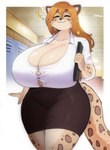 anthro big_breasts black_bottomwear black_clothing black_skirt bottomwear breasts cleavage clothed clothing dress_shirt eyebrows eyes_closed female fingers fur hair holding_object huge_breasts hyper hyper_breasts long_hair markings orange_hair shirt skirt smile solo spots spotted_body spotted_fur thick_thighs topwear white_clothing white_shirt white_topwear 00niine arizel felid mammal pantherine snow_leopard 2025 hi_res