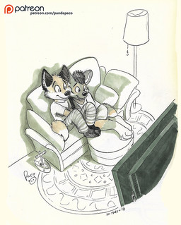 anthro closed_smile clothed clothing dipstick_tail duo electronics inside lamp leg_markings legwear logo male markings mouth_closed open_mouth open_smile patreon_logo pattern_clothing pattern_legwear sitting smile socks_(marking) striped_clothing striped_legwear stripes tail tail_markings television text young young_anthro young_male pandapaco patreon canid canine mammal 2018 artist_logo dated partially_colored signature url