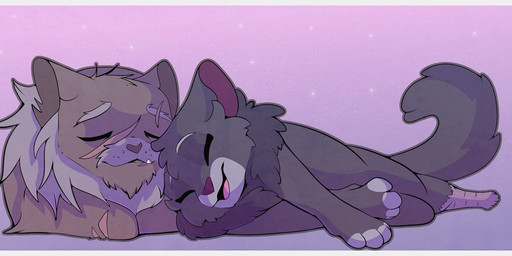 age_difference ambiguous_gender border cuddling disability duo eyes_closed feral fluffy fur gradient_background grey_body grey_fur loaf lying older_feral open_mouth open_smile scar simple_background sleeping smile white_border younger_feral theunknownsoul warriors_(book_series) cinderpelt_(warriors) yellowfang_(warriors) domestic_cat felid feline felis mammal 2019 shaded female_(lore)