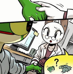 anthro bodily_fluids clothed clothing computer duo electronics eyewear female fur glasses green_body infirmary male question_mark speech_bubble sweat sweatdrop white_body white_fur shurueder guran_ji_(shurueder) accipitrid accipitriform amphibian avian bird domestic_cat eagle felid feline felis frog mammal