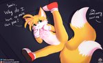 ambiguous_gender anthro bed blush canid canine clothing featureless_crotch footwear fox furniture gloves handwear hi_res lying male mammal miles_prower nude on_back on_side sega senz shoes solo sonic_the_hedgehog_(series) spread_legs spreading text url