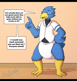 3_toes 4_fingers ambiguous_gender anthro beak black_eyewear black_glasses blue_body blue_feathers blue_tail bodily_fluids clean_diaper clothed clothing collared_shirt dialogue diaper eyes_closed eyewear feather_hands feathers feet fingers floor gesture glasses grey_turtleneck hand_gesture hand_on_hip heart_symbol inside leg_markings linked_speech_bubble markings open_beak open_mouth pointing rectangular_glasses shirt socks_(marking) solo speech_bubble standing sweat sweatdrop tail tail_feathers text three-quarter_view toes topwear wearing_diaper wearing_glasses white_clothing white_diaper white_shirt white_topwear wood wood_floor yellow_beak yellow_body shadyadi deltarune undertale_(series) berdly avian bird 2026 artist_name english_text full-length_portrait hi_res letterbox portrait signature male_(lore)