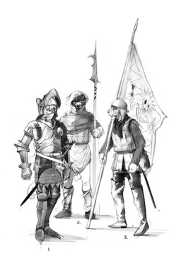 anthro armor banner billhook boots chainmail cloth_armor clothing footwear full_armor greaves group holding_melee_weapon holding_object holding_polearm holding_spear holding_weapon knee_boots knee_highs legwear looking_at_viewer male melee_weapon plate_armor polearm scabbard sheathed_sword shoes spear trio vambrace visor_helmet weapon banoncat canid canine canis domestic_cat domestic_dog felid feline felis mammal 2023 hi_res monochrome