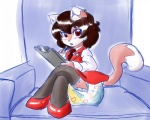 anthro blush bodily_fluids business_suit clothing diaper exposed_diaper female genital_fluids peeing short solo suit unclean_diaper urine used_diaper watersports wet wet_diaper wetting young young_anthro rfswitched kylie_whiptail felid mammal 2013 adult_(lore)