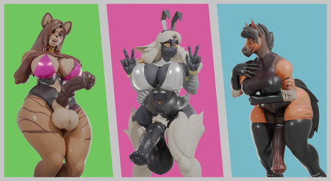 accessory animal_genitalia animal_penis anthro areola balls bell bell_collar big_balls big_breasts big_penis black_areola black_balls black_breasts black_clothing black_legwear black_penis black_stockings blue_background bodysuit breasts brown_body brown_breasts brown_penis bunny_costume clothing cock_ring collar costume dark_hair equine_genitalia equine_penis fake_ears fake_rabbit_ears genitals gesture glistening glistening_body glistening_bodysuit glistening_clothing glistening_face glistening_genitalia glistening_legwear glistening_penis glistening_skin glistening_skinsuit glistening_thighs glistening_topwear green_background green_eyes grey_body group gynomorph hand_gesture hand_on_breast hand_under_breast intersex jewelry latex latex_clothing latex_legwear latex_stockings legwear light_hair looking_at_viewer multicolored_body nylon orange_body orange_eyes penis penis_accessory penis_jewelry pink_background pink_latex saggy_balls simple_background skinsuit sleeves smile stockings tight_clothing topwear trio v_sign white_latex wide_hips tonyturbo leodamodeler_(modeler) lira_(remix1997) marcia_(leodamodeler) reinette bovid caprine equid equine felid mammal prehistoric_species saber-toothed_tiger sheep 3d_(artwork) absurd_res digital_media_(artwork) hi_res
