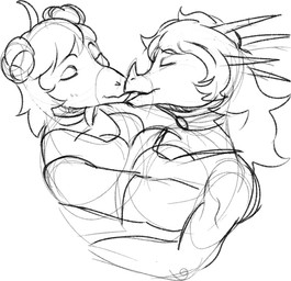 anthro anthro_on_anthro big_breasts breasts clothed clothed_anthro clothed_female clothing duo eyes_closed facial_horn female female/female hair hair_bun horn hug interspecies kissing long_hair non-mammal_breasts romantic romantic_couple side_view twin_buns coolbug goodbye_volcano_high ko_op_(game_developer) rosa_(gvh) stella_(gvh_beta) aquilops ceratopsian dinosaur marginocephalian ornithischian prehistoric_species reptile scalie stegosaurian stegosaurus thyreophoran greyscale guide_lines monochrome shaded sketch