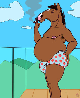 anthro apple_pattern armpit_hair belly_hair big_bulge big_butt biped body_hair bulge butt chest_hair cigarette clothing hairy hand_on_butt male mature_male nipples overweight overweight_male side_view smoke smoking solo standing thick_thighs underwear rogero_(artist) bojack_horseman netflix bojack_horseman_(character) equid equine horse mammal hi_res watermark