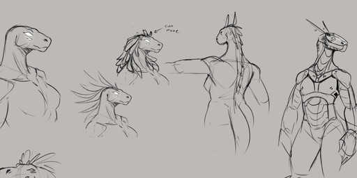 4_eyes anthro armor clothed clothing female female_anthro front_view headgear helmet mouth_closed multi_eye nude rear_view simple_background slim_anthro slim_female solo tail jezzlen scalie hi_res monochrome sketch sketch_page