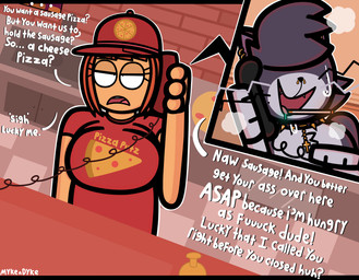 cigarette clothing collar duo ear_piercing electronics facial_piercing female feral food hat headgear headwear male nose_piercing phone piercing pizza pizza_girl_(mykendyke) possession red_clothing red_shirt red_topwear shirt spiked_collar spikes topwear conditional_dnp mykendyke stray_(mykendyke) tammy domestic_cat felid feline felis human mammal absurd_res hi_res