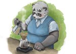 anthro beverage black_body black_nose blush clothing coffee eyes_closed eyewear glasses humanoid_hands kemono male overweight overweight_male shirt solo topwear white_body pinoren vtuber sasayama_akira bear giant_panda mammal 2022 hi_res