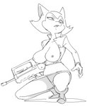 4_fingers anthro areola assault_rifle bent_legs big_breasts biped bottomwear breasts button_(fastener) cheek_tuft clothed clothing crouching dark_areola dark_nipples exposed_breasts eyebrows eyelashes facial_tuft famas female fingers footwear fur fur_tuft gun head_turned holding_gun holding_object holding_ranged_weapon holding_rifle holding_weapon humanoid_hands iris jacket looking_away nipples no_pupils open_clothing open_jacket open_mouth open_topwear partially_clothed partially_clothed_anthro partially_clothed_female pose ranged_weapon rifle serious shoes skirt snout solo thin_eyebrows thong three-quarter_view topwear tuft underwear upskirt weapon dbaru patrol_03 pamela_bondani domestic_cat felid feline felis mammal 2023 digital_drawing_(artwork) digital_media_(artwork) full-length_portrait hi_res monochrome pinup portrait sketch