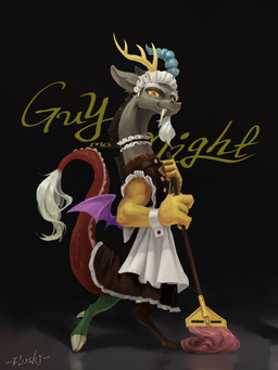 2_toes 4_fingers anthro back_wings biceps black_background cleaning_tool clothing facial_hair feet fingers fluttershy_mop goatee holding_cleaning_tool holding_mop holding_object hooves horn long_neck looking_at_viewer maid_headdress maid_uniform male mop muscular muscular_male simple_background smile snaggle_tooth solo tail text toes uniform wings yellow_sclera flvski friendship_is_magic hasbro my_little_pony discord_(mlp) chimera draconequus 2025 3:4 absurd_res alternate_version_at_source digital_media_(artwork) english_text hi_res signature