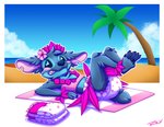 anthro beach blue_body blue_eyes blue_fur blue_nose blue_sclera blush claws clean_diaper clothed clothing diaper feet fingers flower folded_diaper fur lying male pink_flower pink_inner_ear plant seaside sharp_teeth solo teeth toe_claws toes towel tree water wearing_diaper rexam-1 disney lilo_and_stitch stitch_(lilo_and_stitch) alien experiment_(lilo_and_stitch)