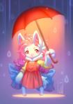 anthro blue_bow chibi clothed clothing dress female fur hair inner_ear_fluff light long_hair looking_at_viewer raindrop red_clothing red_dress shirt smile solo topwear tuft umbrella white_body white_fur yellow_clothing yellow_shirt yellow_topwear levaligress canid canine mammal 2018 digital_media_(artwork) lighting signature